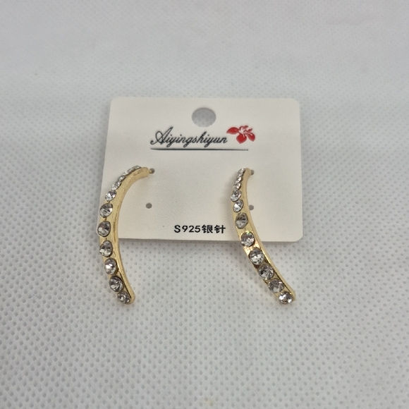 Gold Crystal Rhinestone Curved Fashion Costume Earrings - Picture 1 of 7